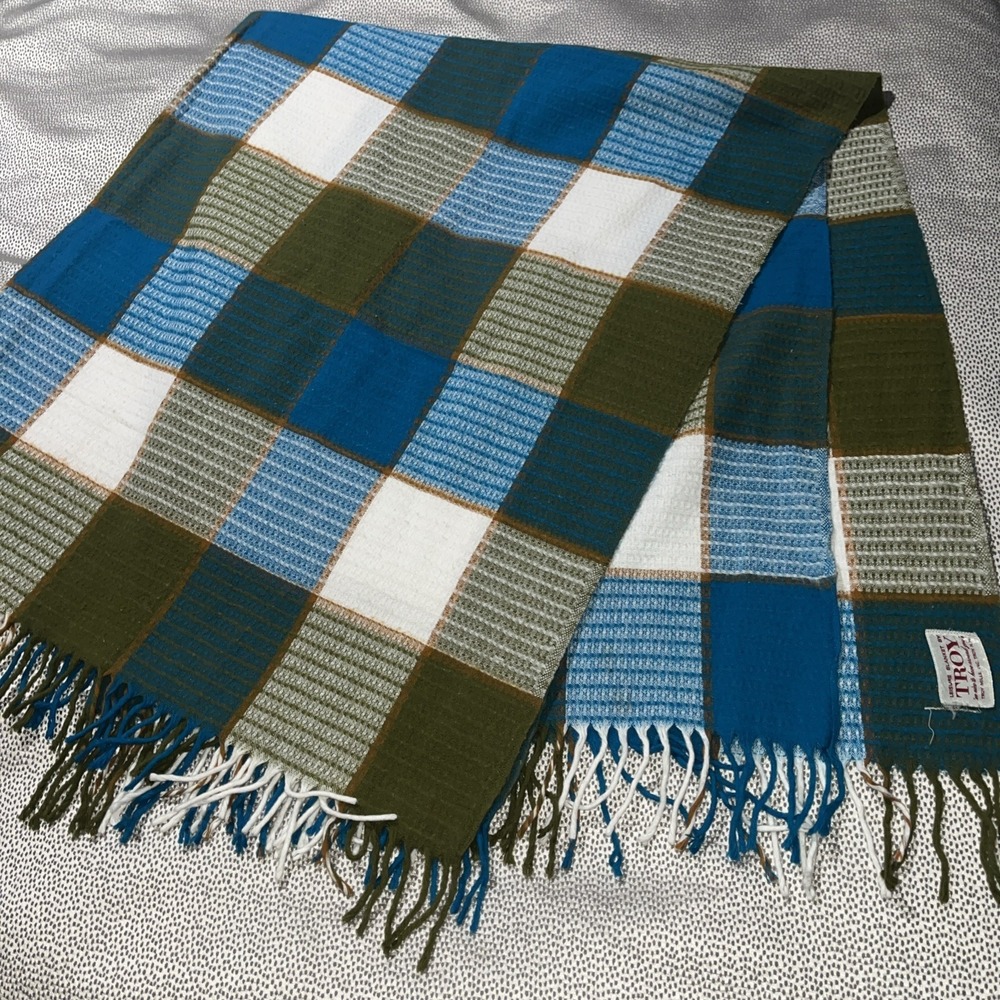 Vintage 1960's Troy Wool Blend Plaid Leisure Blanket Troy Mills Blue Green 70x54